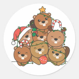 Beaver Christmas Tree Funny Animal Christmas Class Classic Round Sticker