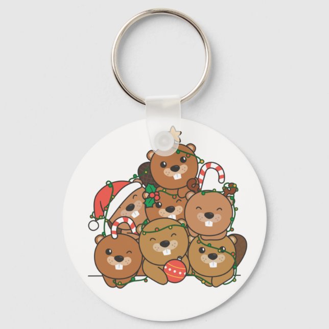 Beaver Christmas Tree Funny Animal Christmas Keych Key Ring (Front)