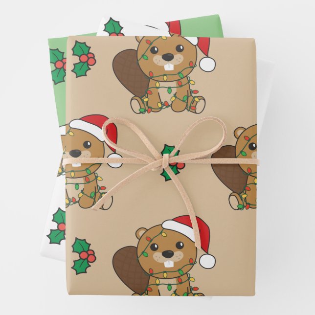 Beaver Christmas Winter Animals Holiday Beavers Wrapping Paper Sheet (In situ)