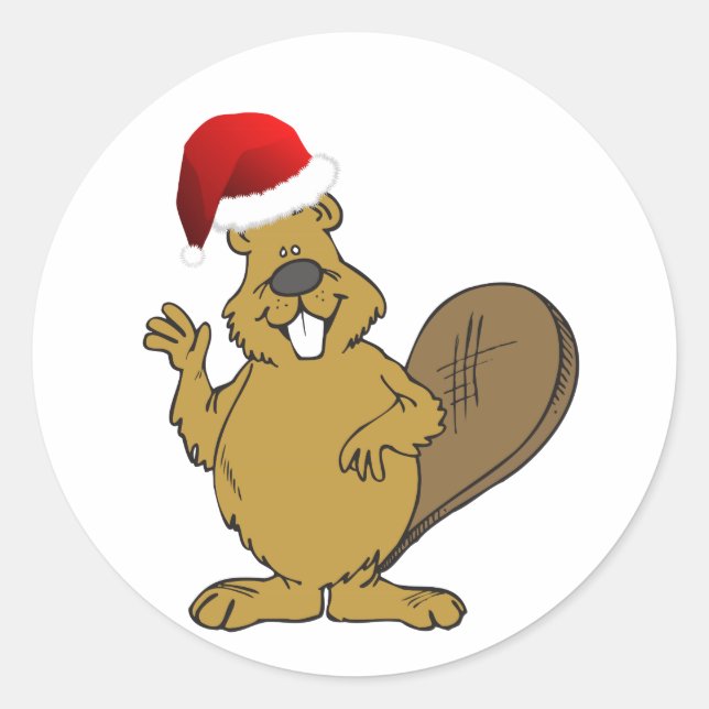Beaver cute santa hat classic round sticker (Front)