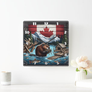 Beaver Gathering Branches Near Canadian Mountains Square Wall Clock