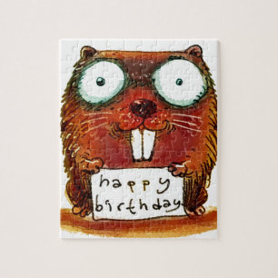 beaver holds happy birthday message cartoon jigsaw puzzle