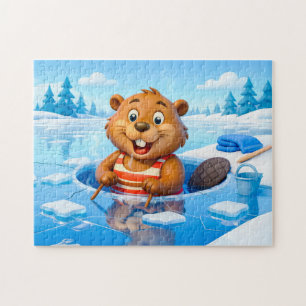 Beaver Ice Bathing in a Striped Swimsuit Jigsaw Puzzle