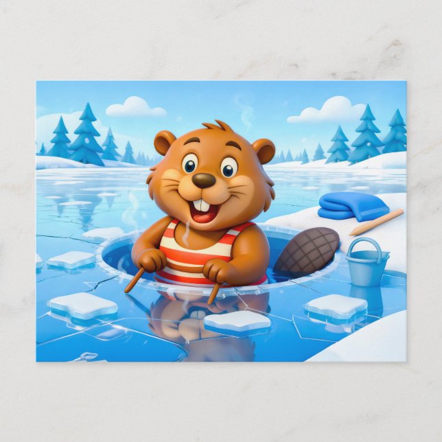 Beaver Ice Bathing in a Striped Swimsuit Postcard (Front)
