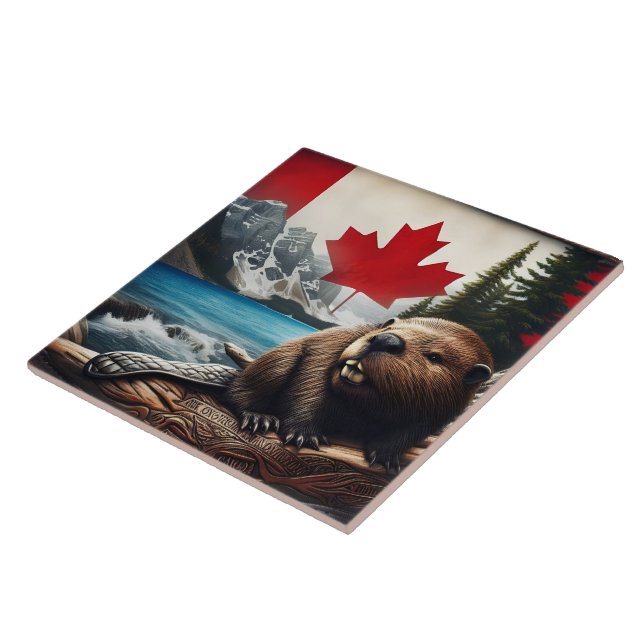 Beaver in Canadian Wilderness With Flag Background Ceramic Tile (Side)