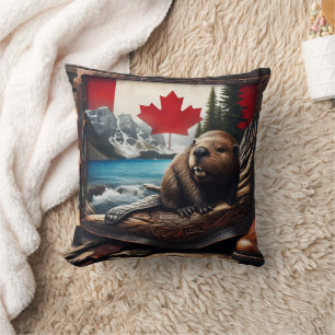 Beaver in Canadian Wilderness With Flag Background Cushion