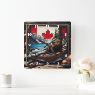 Beaver in Canadian Wilderness With Flag Background Square Wall Clock