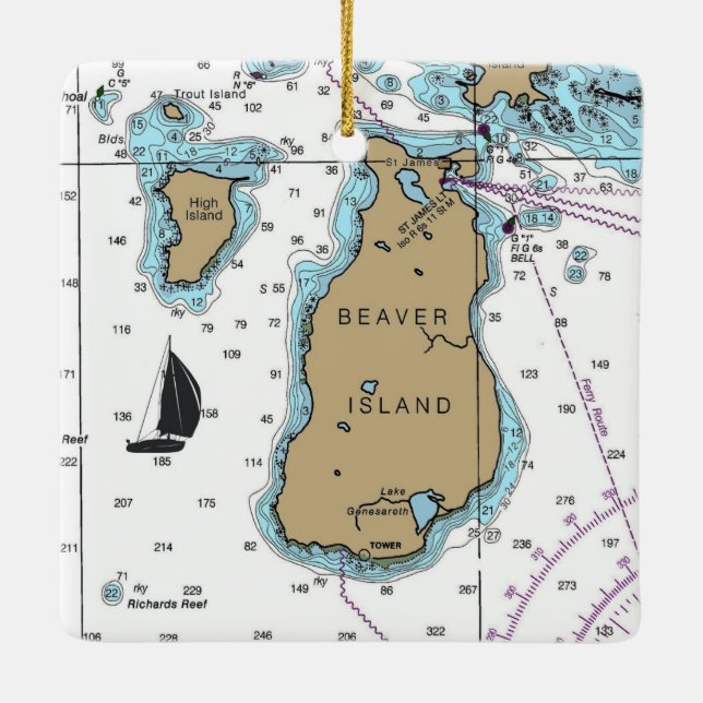Beaver Island Michigan Nautical Chart Ceramic Ornament (Back)