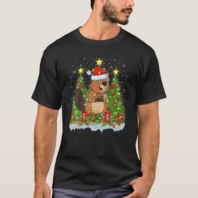 Beaver Lighting Xmas Tree Lover Funny Beaver Chris T-Shirt (Front)
