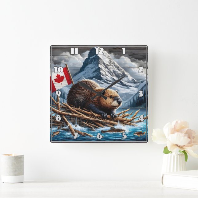 Beaver Lodge by Snowy Mountains Square Wall Clock (Home)