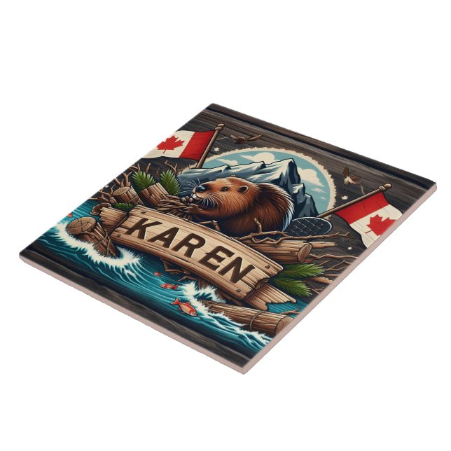 Beaver, Logs, Flags, and Mountains Ceramic Tile (Side)