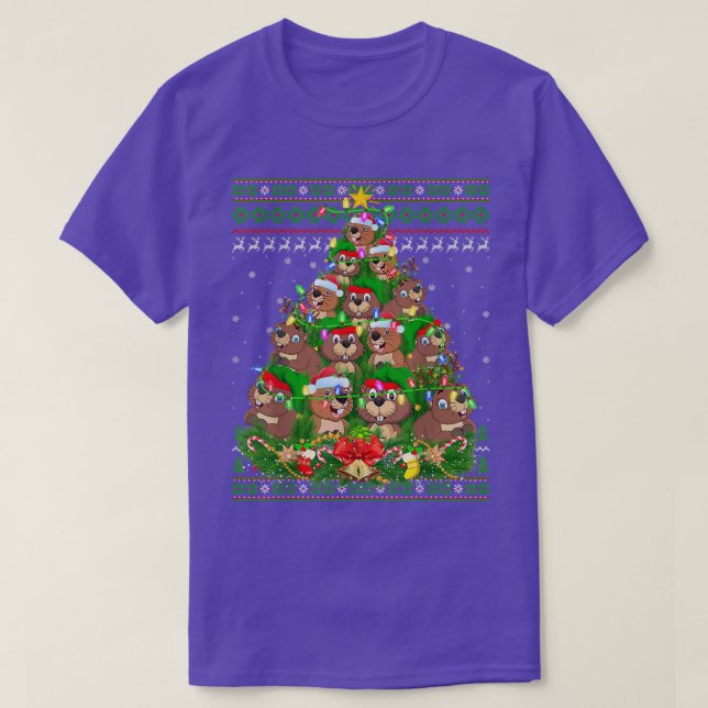 Beaver Lover Xmas Lights Ugly Beaver Christmas Tre T-Shirt (Design Front)