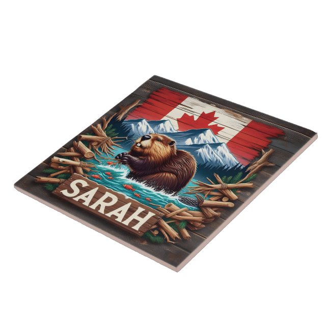 Beaver, Mountain, Flag, Blue Ocean Ceramic Tile (Side)