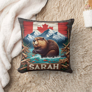 Beaver, Mountain, Flag, Blue Ocean Cushion