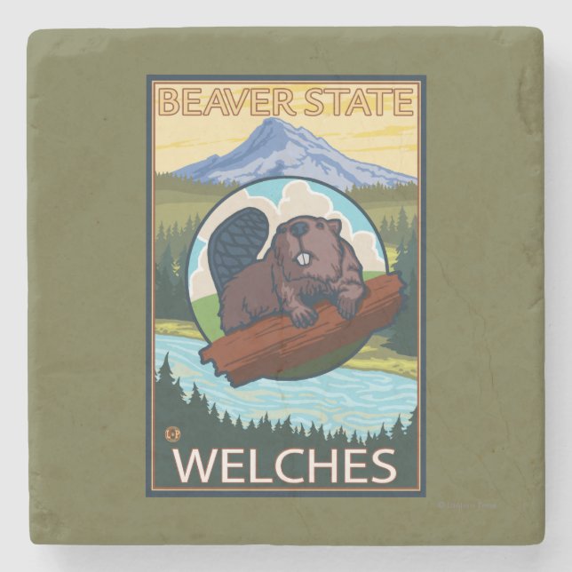 Beaver & Mt. Hood - Welches, Oregon Stone Coaster (Front)
