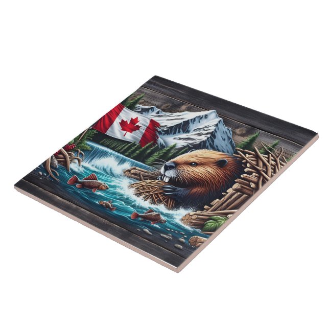 Beaver Near Canadian Flag and Mountain Stream Ceramic Tile (Side)