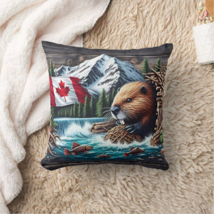 Beaver Near Canadian Flag and Mountain Stream Cushion