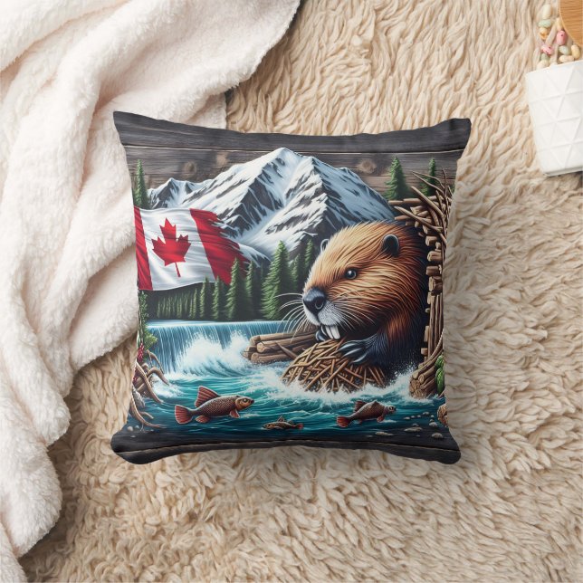 Beaver Near Canadian Flag and Mountain Stream Cushion (Blanket)