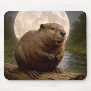 Beaver On a Log With Full Moon Mouse Pad