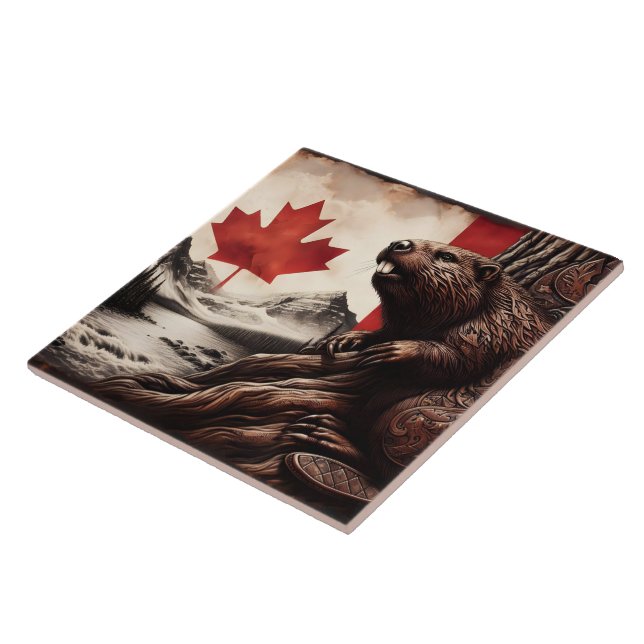 Beaver on a Tree With Canadian Flag and Mountains Ceramic Tile (Side)