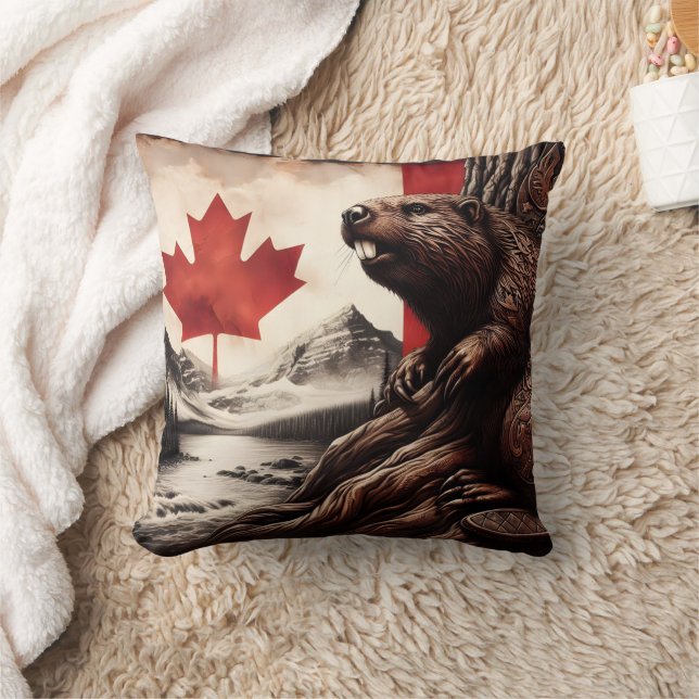 Beaver on a Tree With Canadian Flag and Mountains Cushion (Blanket)