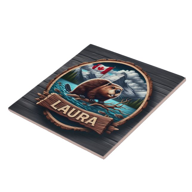 Beaver on a Wooded Lake With Canadian Flag Ceramic Tile (Side)
