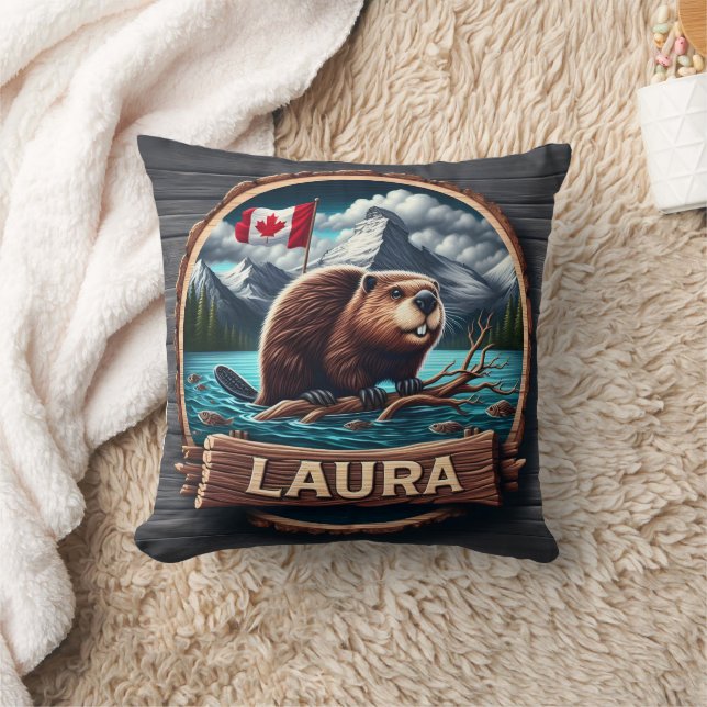 Beaver on a Wooded Lake With Canadian Flag Cushion (Blanket)