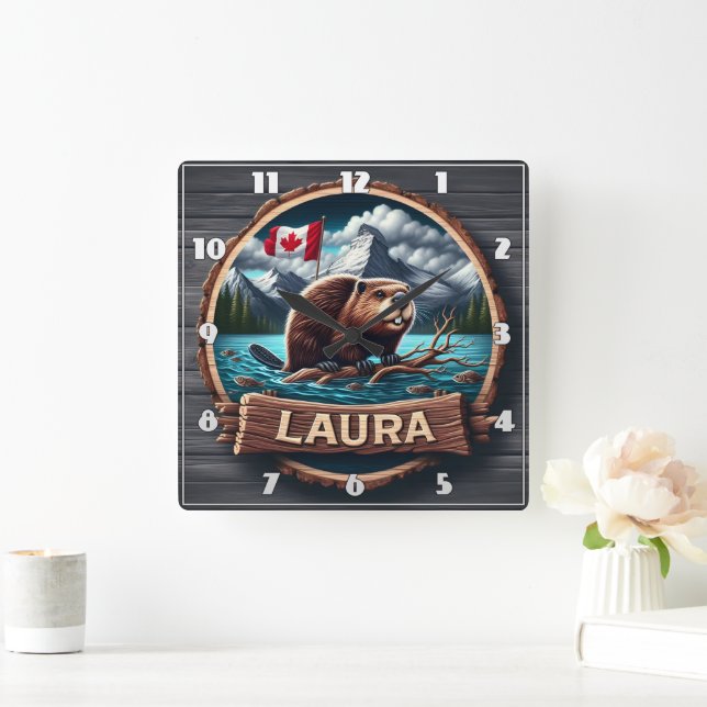 Beaver on a Wooded Lake With Canadian Flag Square Wall Clock (Home)