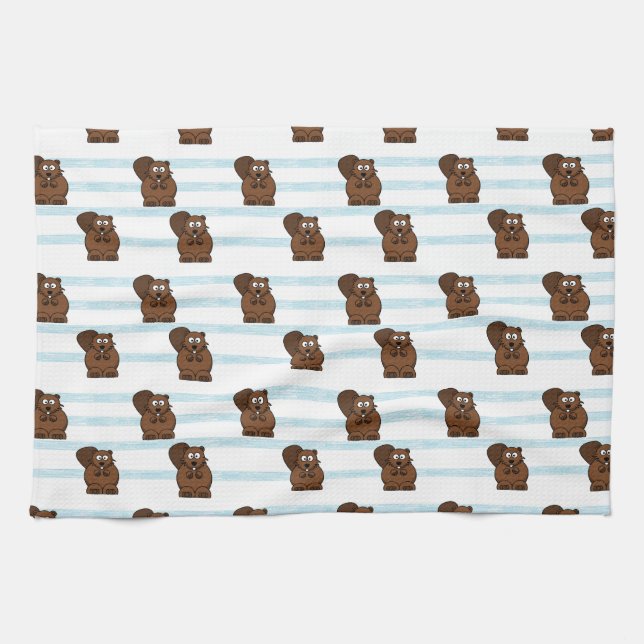 Beaver on blue stripes tea towel (Horizontal)