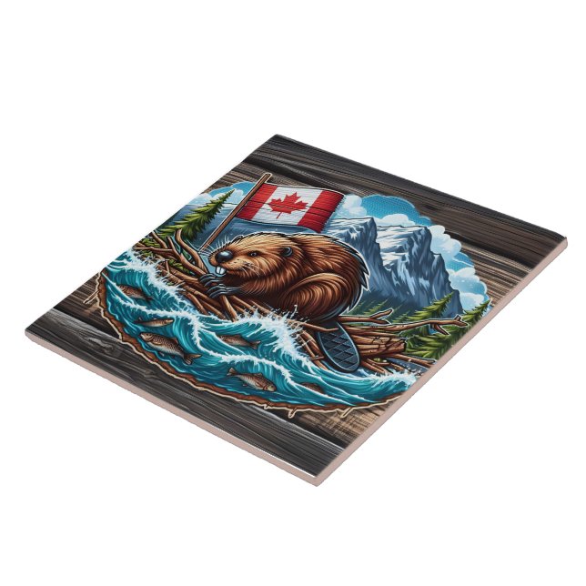 Beaver on Raft With Flag in River Ceramic Tile (Side)