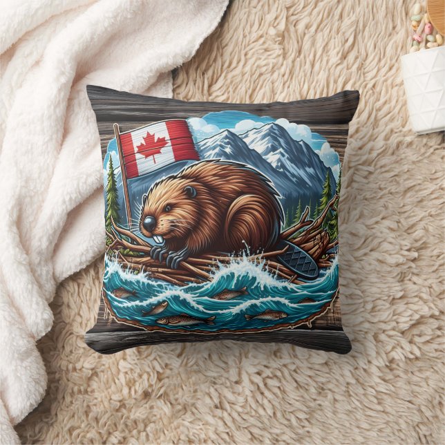 Beaver on Raft With Flag in River Cushion (Blanket)