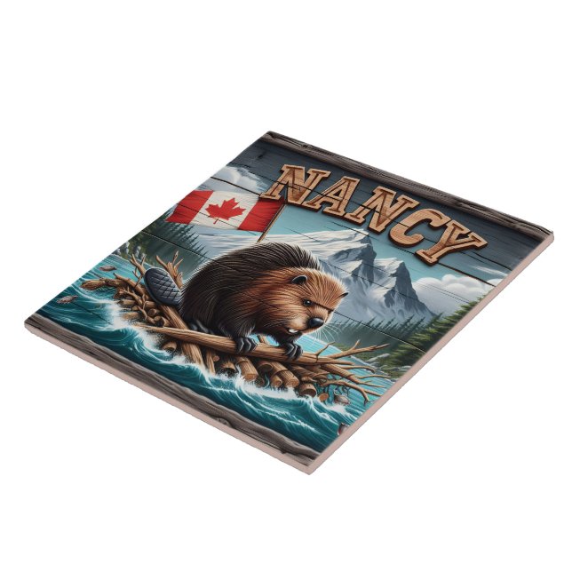 Beaver on Raft With Flag in Scenic View Ceramic Tile (Side)