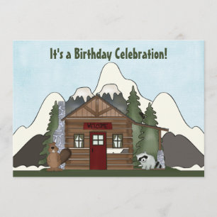 Beaver, Racoon and Mountain Cabin Birthday Invite