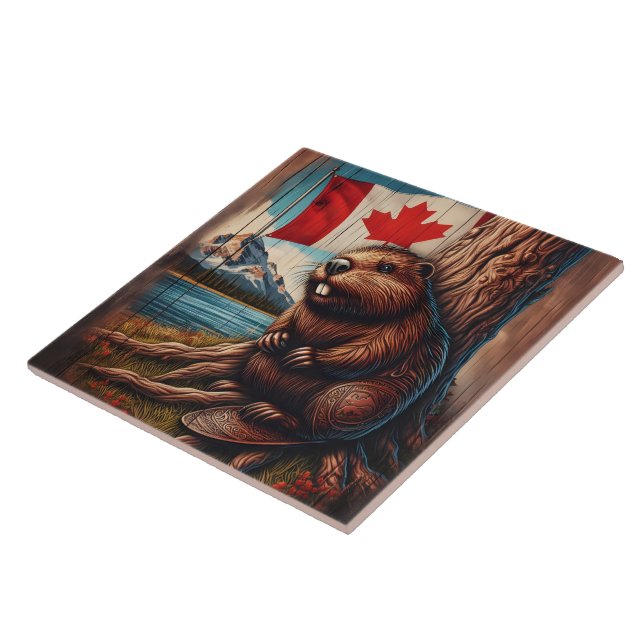 Beaver Sitting by Lake With Canadian Flag Ceramic Tile (Side)