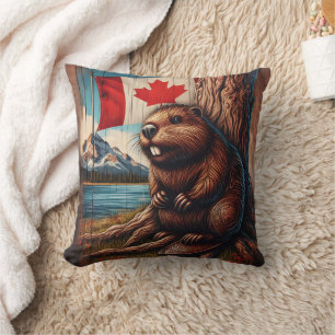 Beaver Sitting by Lake With Canadian Flag Cushion