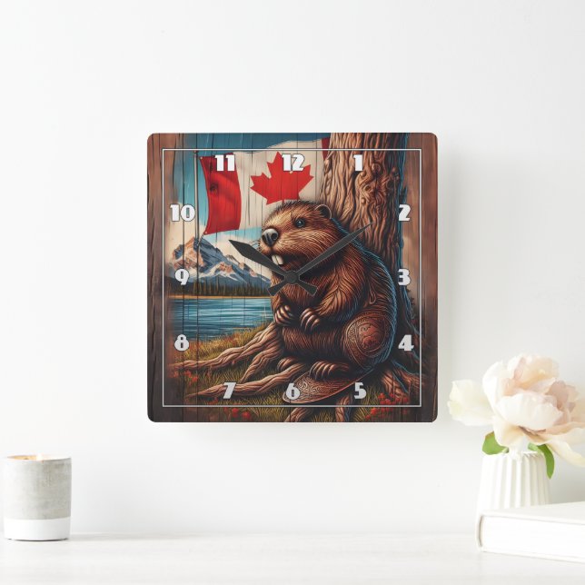 Beaver Sitting by Lake With Canadian Flag Square Wall Clock (Home)