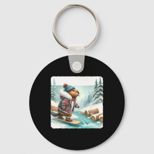 Beaver Snowboarding On Snowy Riverbank. Snowboard Key Ring
