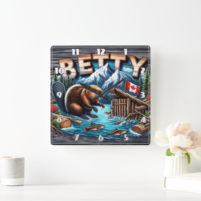 Beaver, Snowy Mountain, Ocean View Square Wall Clock (Home)