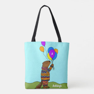 Beaver w Balloons, Cute Kids' Personalised Tote Bag