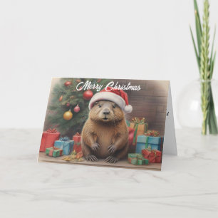 Beaver wearing santa hat with Christams presents Card