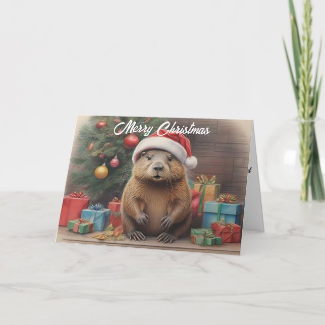 Beaver wearing santa hat with Christams presents  Card (Front)
