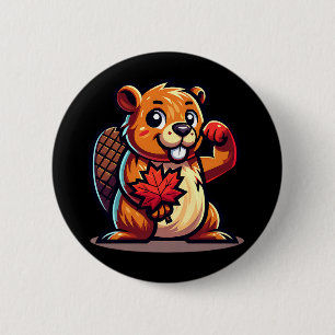 Beaver with a Maple Leaf and Elbows Up Canada 6 Cm Round Badge