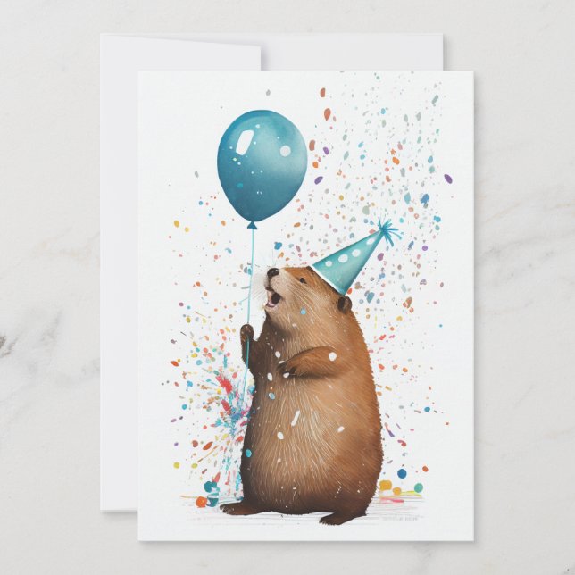 Beaver with Blue Balloon Flat Greeting Card (Front)