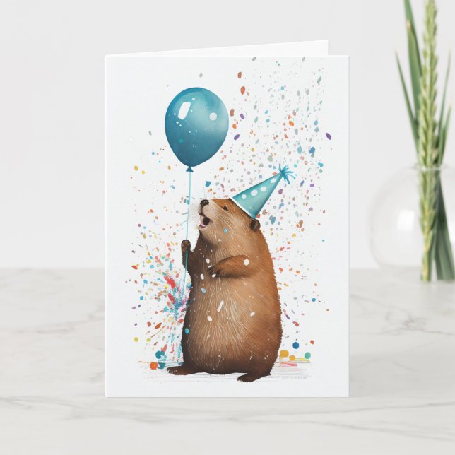Beaver with Blue Balloon Greeting Card (Front)