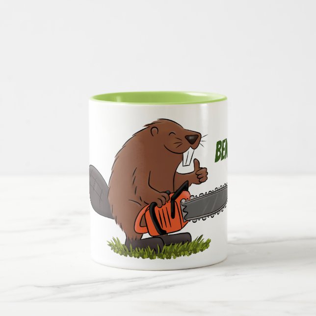 Beaver with chainsaw cartoon illustration Two-Tone coffee mug (Center)