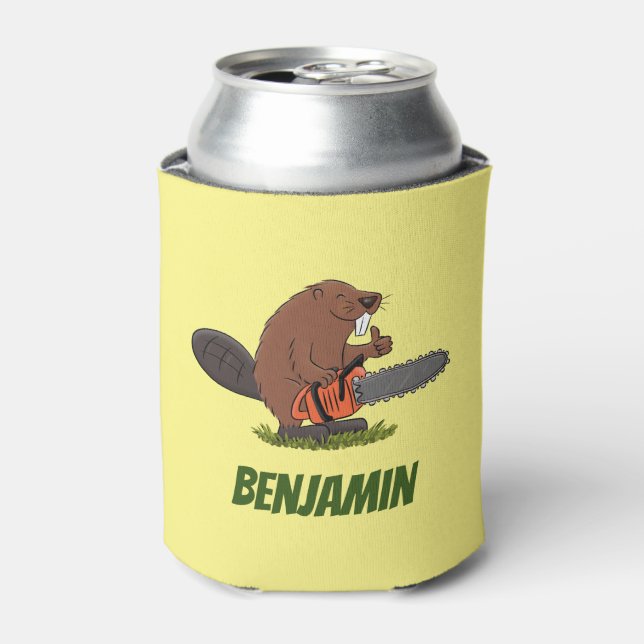 Beaver with chainsaw funny cartoon illustration can cooler (Can Front)