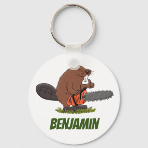 Beaver with chainsaw funny cartoon illustration key ring
