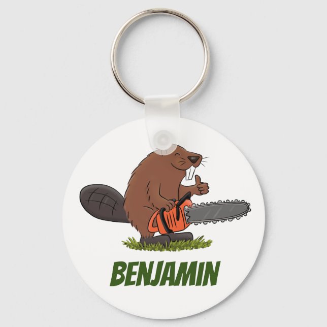 Beaver with chainsaw funny cartoon illustration key ring (Front)