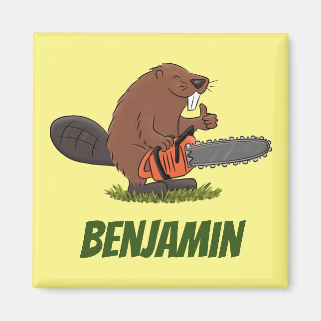 Beaver with chainsaw funny cartoon illustration magnet (Front)