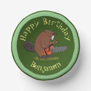 Beaver with chainsaw funny cartoon illustration paper plate